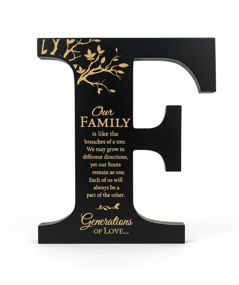 Family Letter F Wood Sign Black Gold Quote Tabletop or Wall Decor USA Made 12”