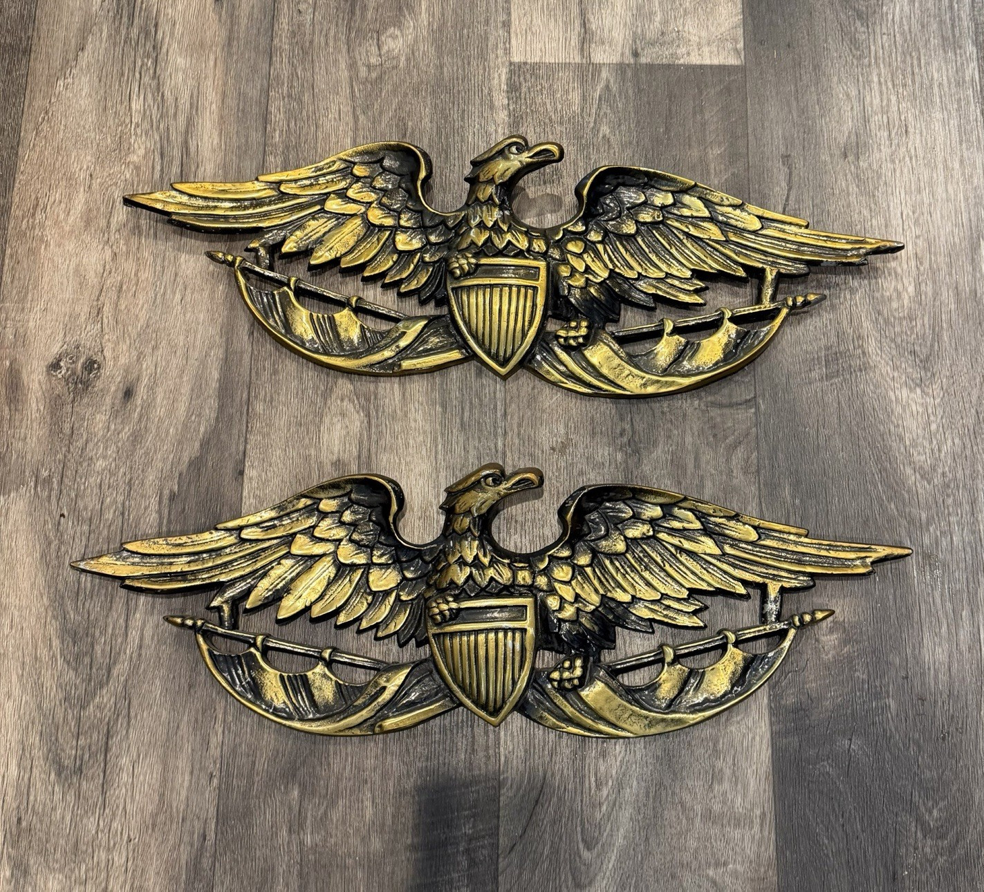 Set of 2 Gold & Black Metal Eagle Military Decorative Wall Plaques Horizontal