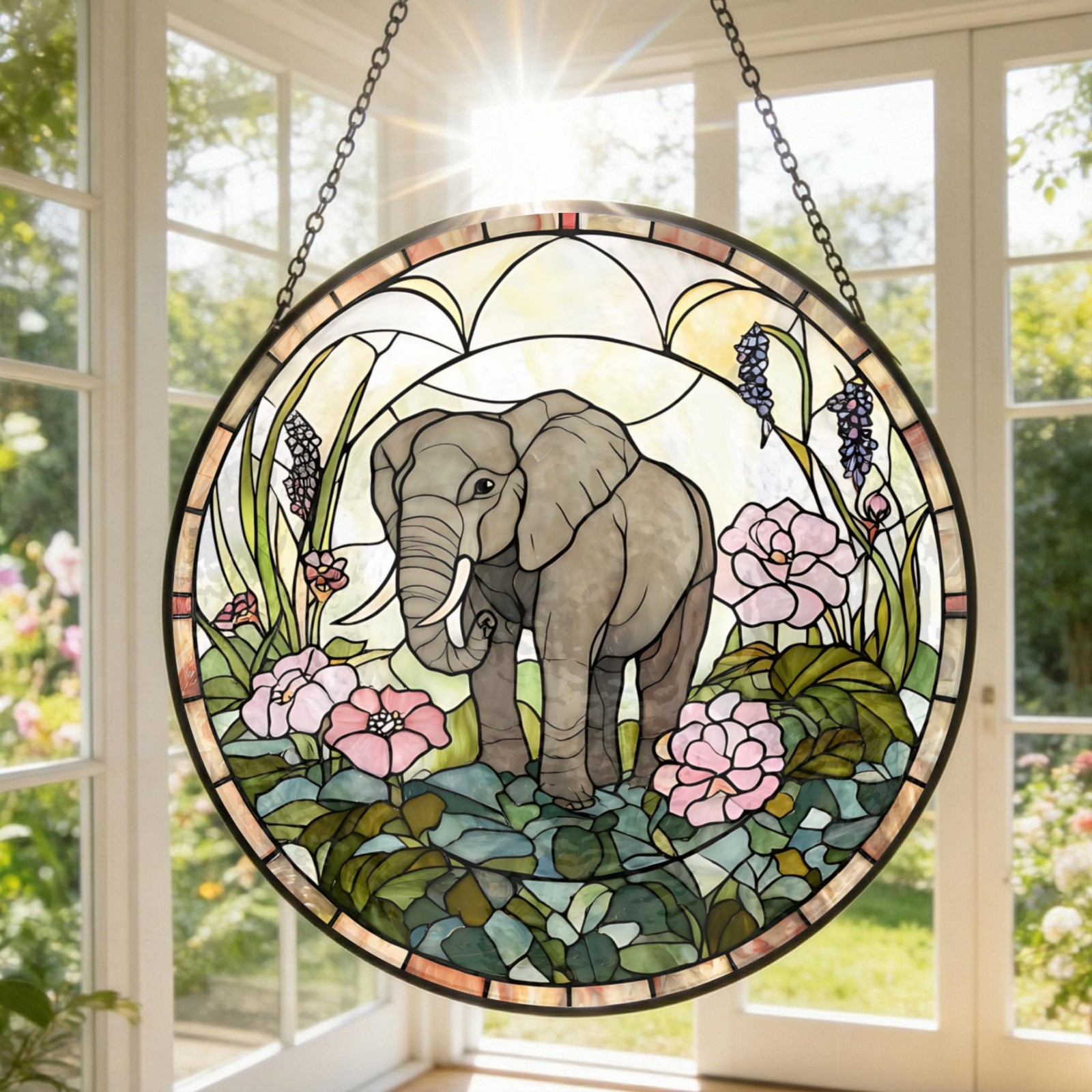 Elephant Flower Suncatcher Personalized Stained Glass Natural Animal