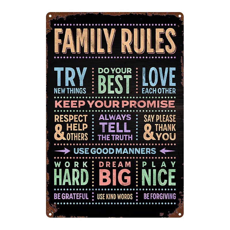Metal Family Rules Sign, English Retro Style, Home Decor