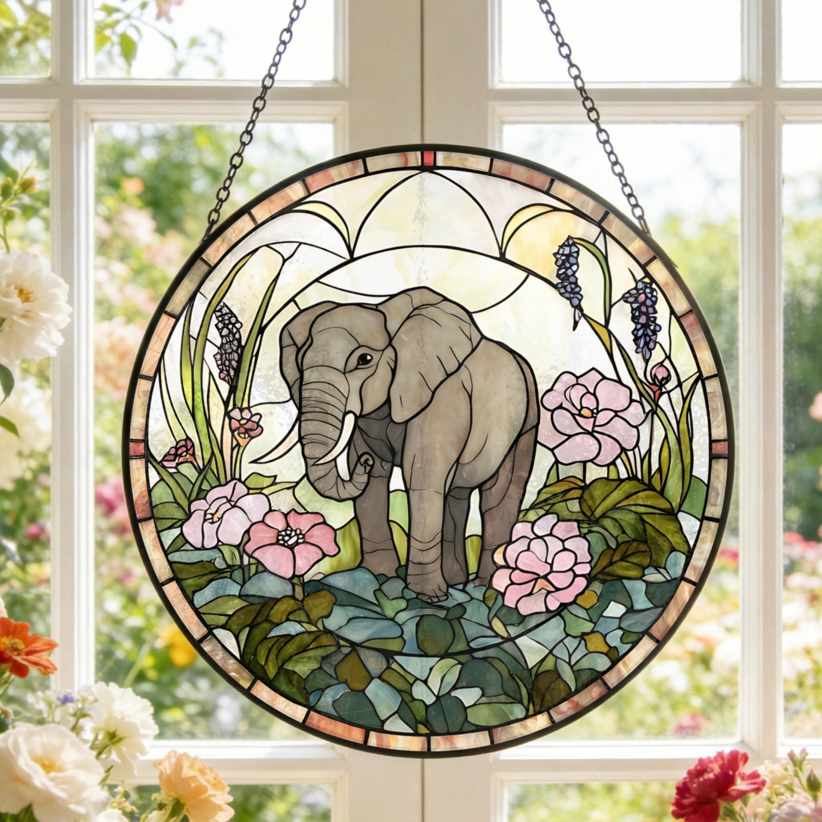 Elephant Flower Suncatcher Personalized Stained Glass Natural Animal