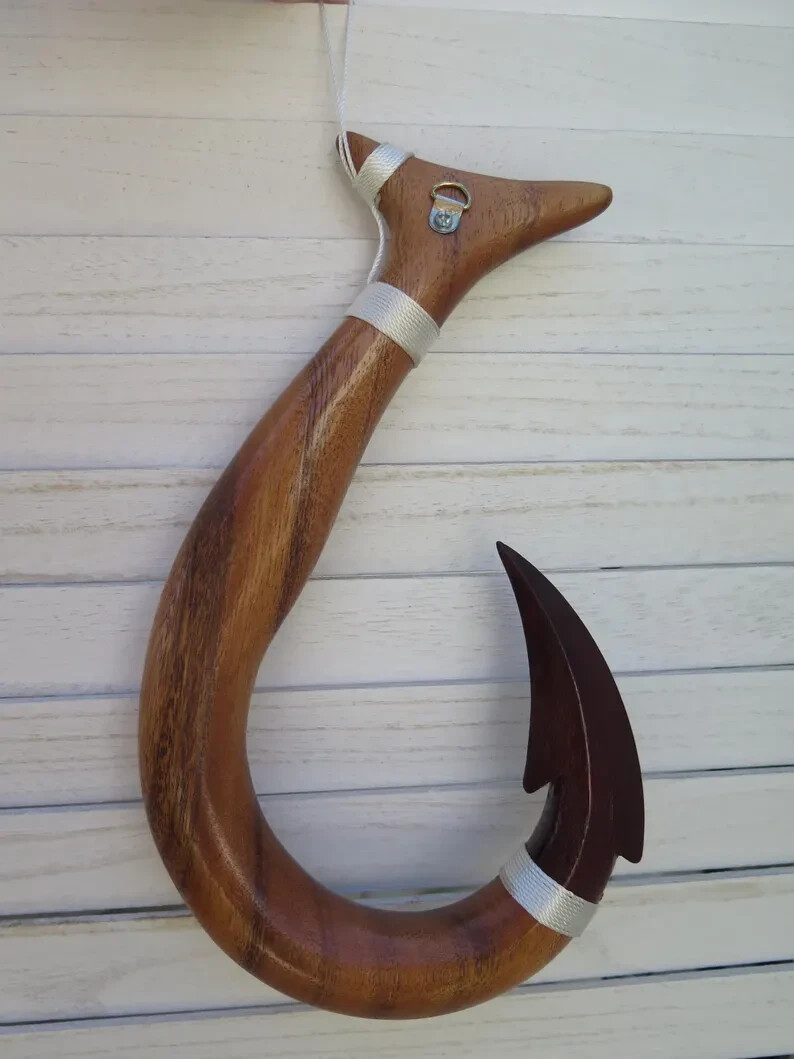 Hawaiian Hand Made Wall Decor Solid Wood Polynesian Tribal Engraved Fish Hook