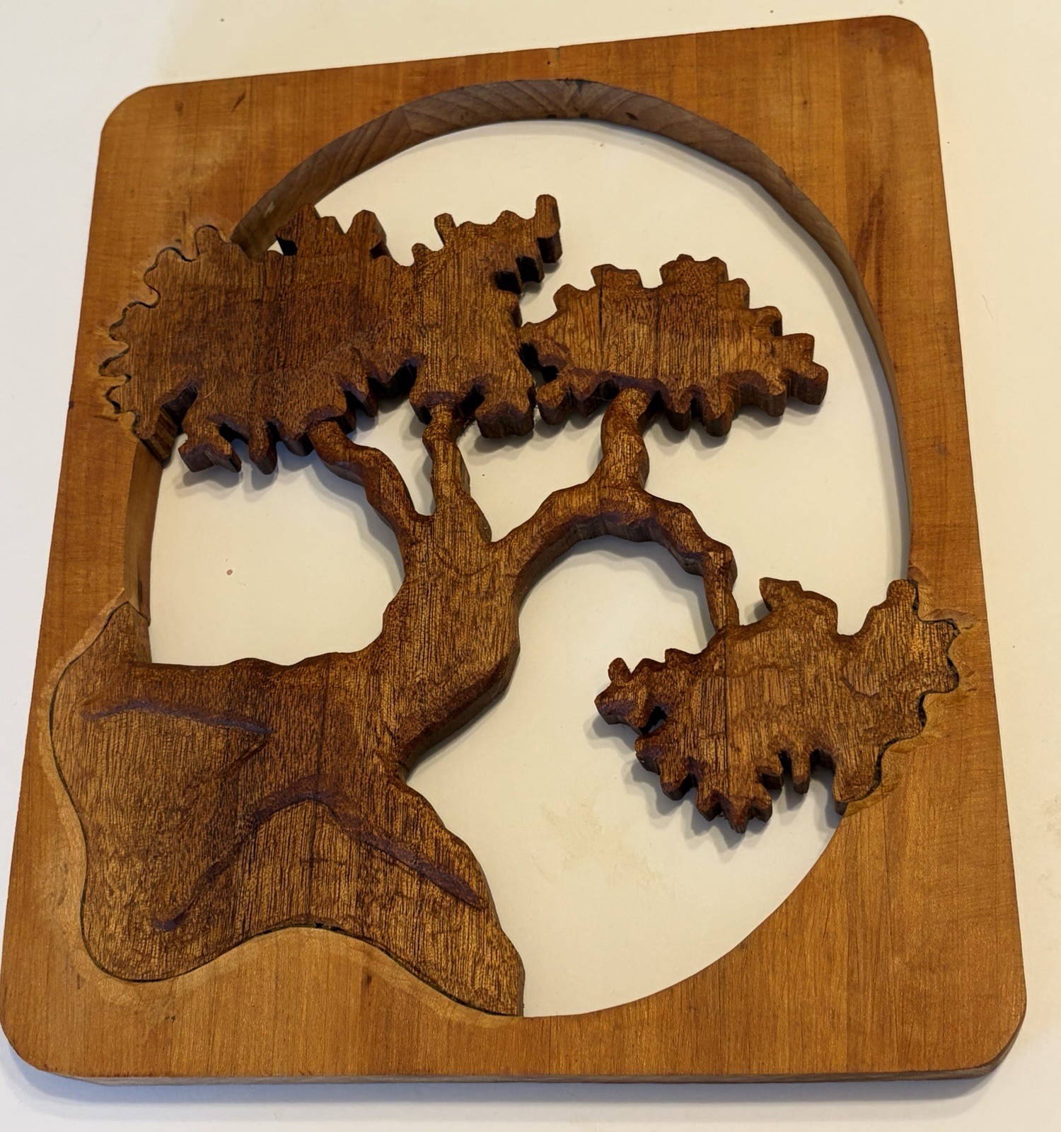 VTG Hand Carved Open Framed Wooden Tree Of Life Textured Two Woods 11”x 10”