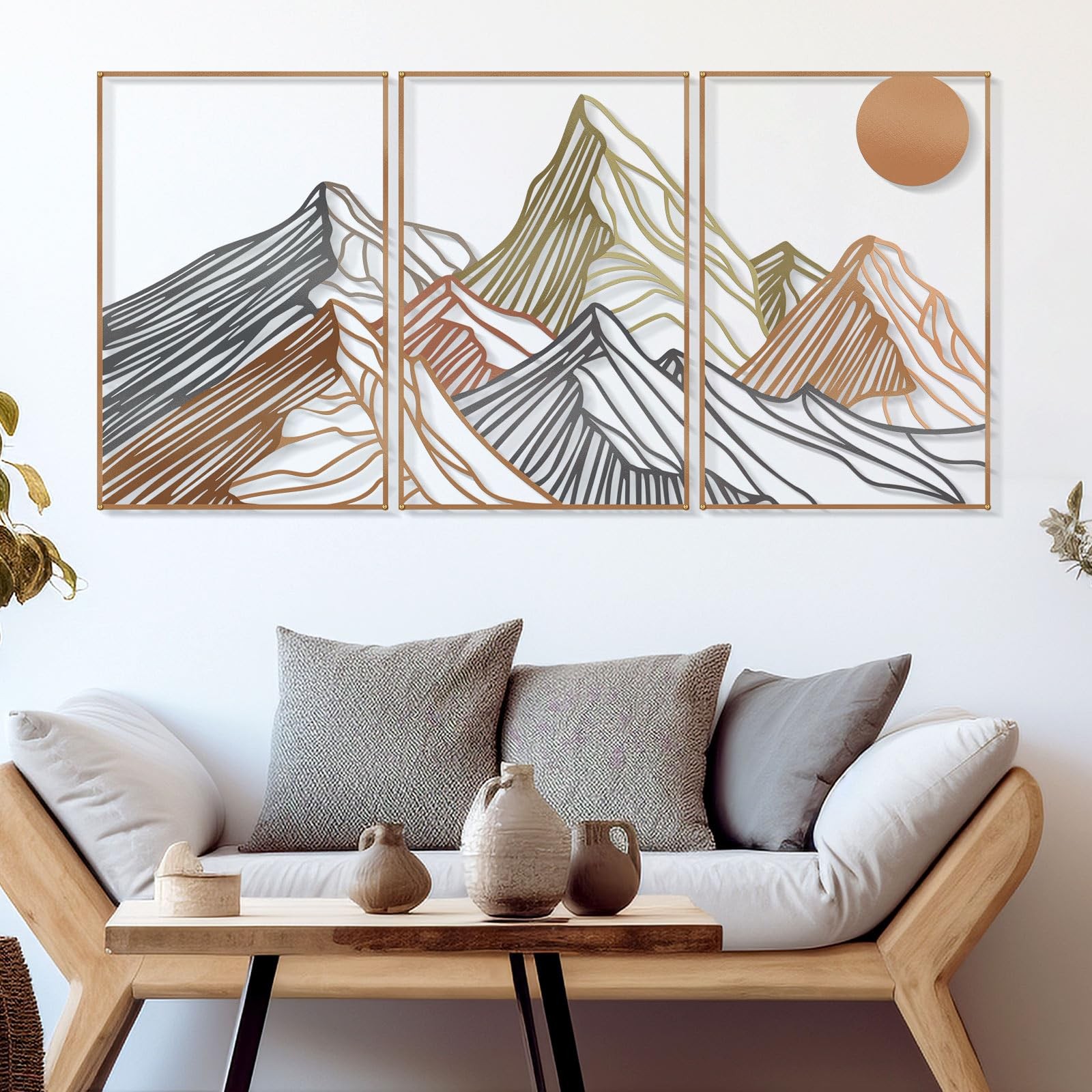 3 PCS Mountain Metal Wall Decor Minimalist Sunrise Line Art Abstract Vivid