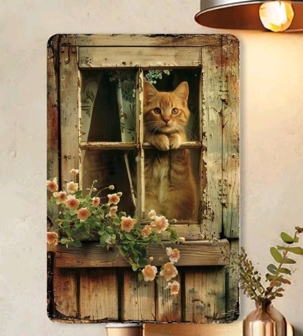 Cat Peeking Window Metal Wall Art 8×12 Rustic Vintage Wrought Iron Decor Living