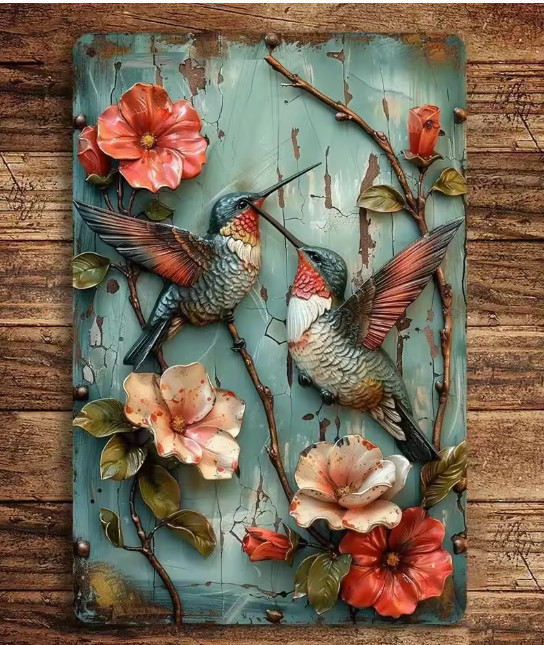 Wall Decor French Country Hummingbird Flowers Spring Metal Sign 8×12 2D