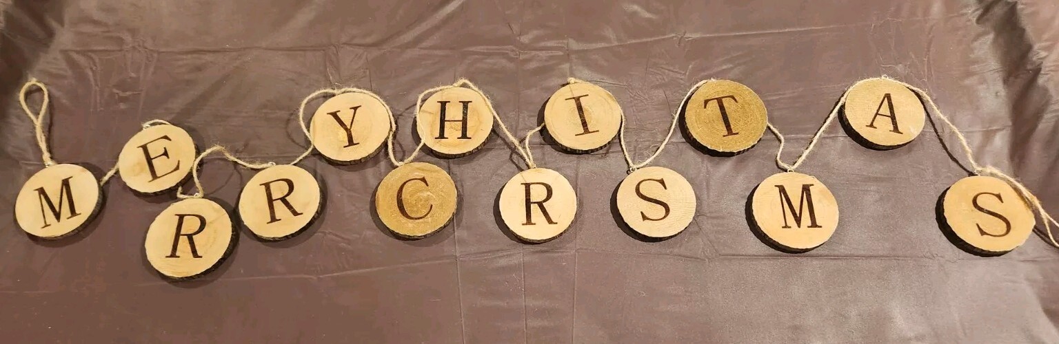 Merry Christmas Rustic Country Garland Natural Wood Slices With Bark 96″ Lodge