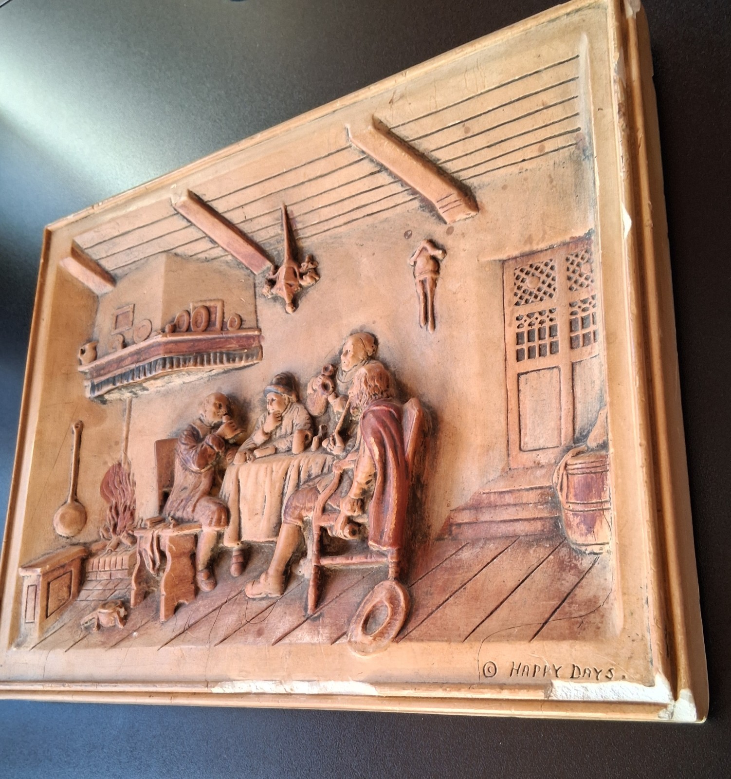 Vintage 3D Plaster Wall Plaque Happy Days Tavern Pub Scene Relief Rustic Bar
