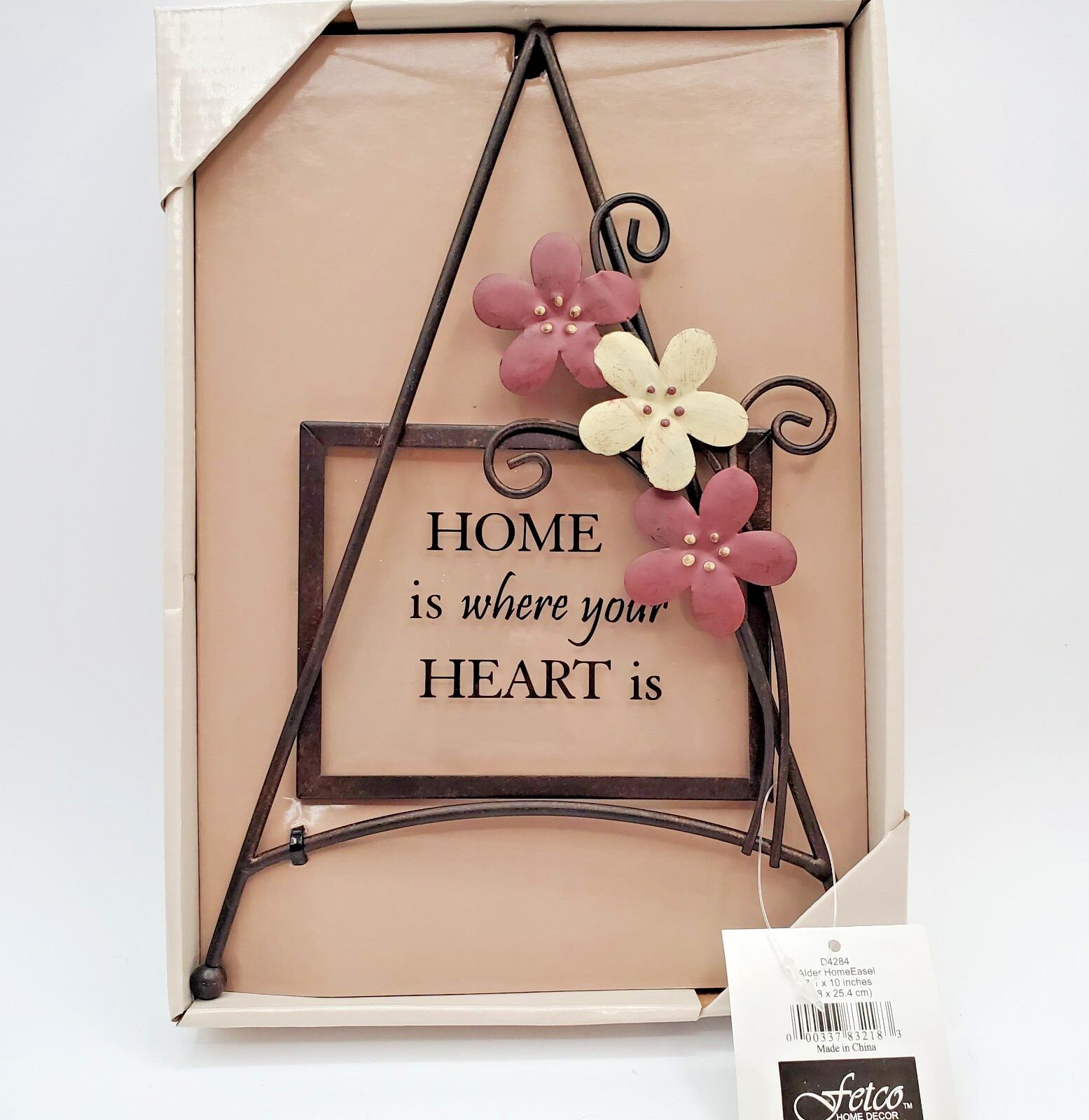 Home is Where Your Heart Is 10″ Freestanding Flowers Clear Glass Easel Art NOS