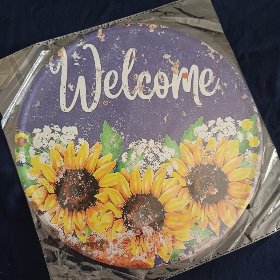 8″ Round Metal Sign Rustic Indoor Outdoor Flowers Love Happy Wall Art Welcome #4