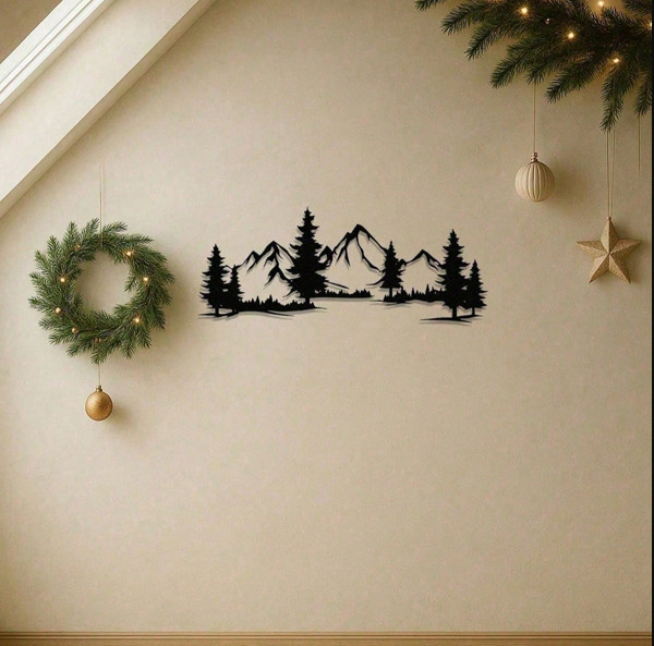 Mountain Forest Metal Wall Art Decor Rustic Nature Print Indoor Outdoor Black