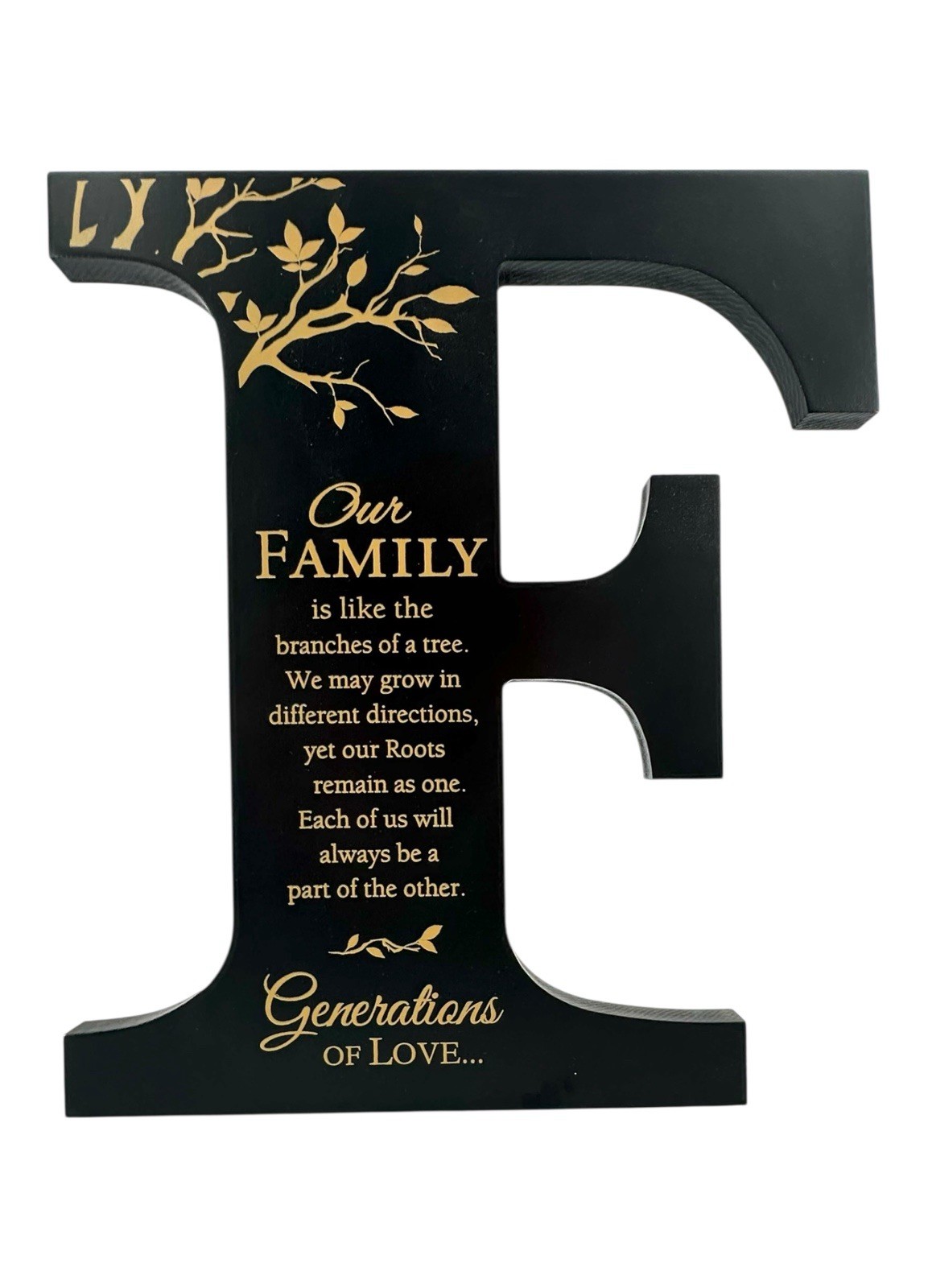 Family Letter F Wood Sign Black Gold Quote Tabletop or Wall Decor USA Made 12”