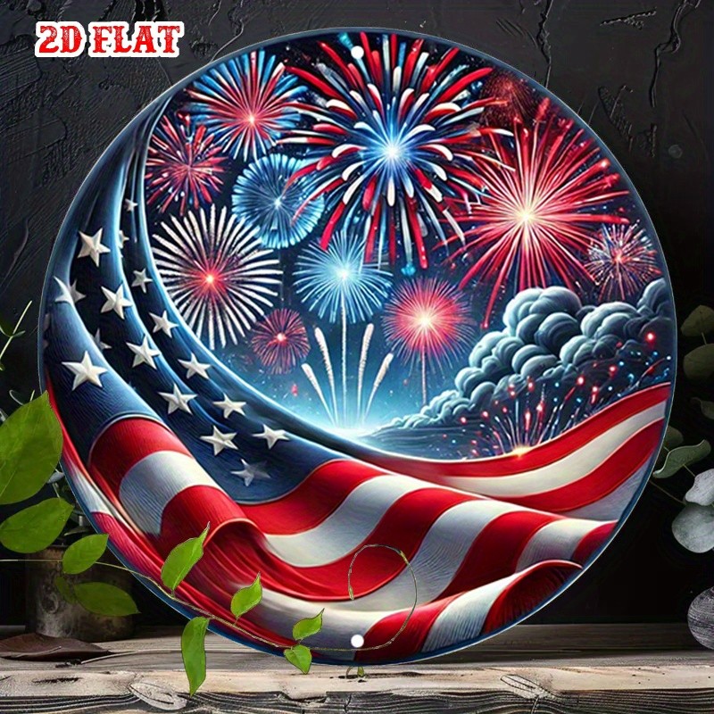 2D Flat Round Aluminum Metal Tin Sign Independence Day American Metal Wall Art♪