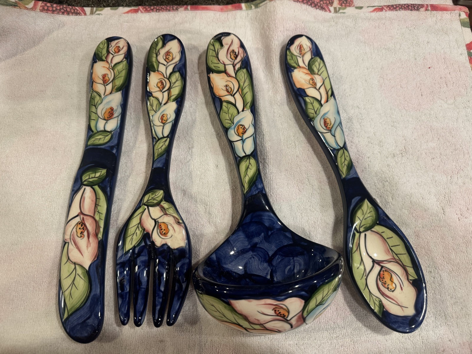 Ceramic Utensils Wall Hanging Decor spoon, fork, knife and ladle blue 13.5″