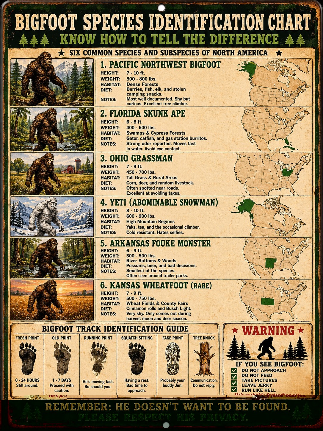 Funny Bigfoot Species Identification Chart Metal Sign Sasquatch Field Guide 8×12