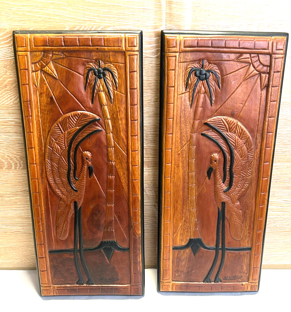 Vintage Hand Carved Wooden Relief Wall Plaques Tropical Birds & Palm Trees.2 Pcs