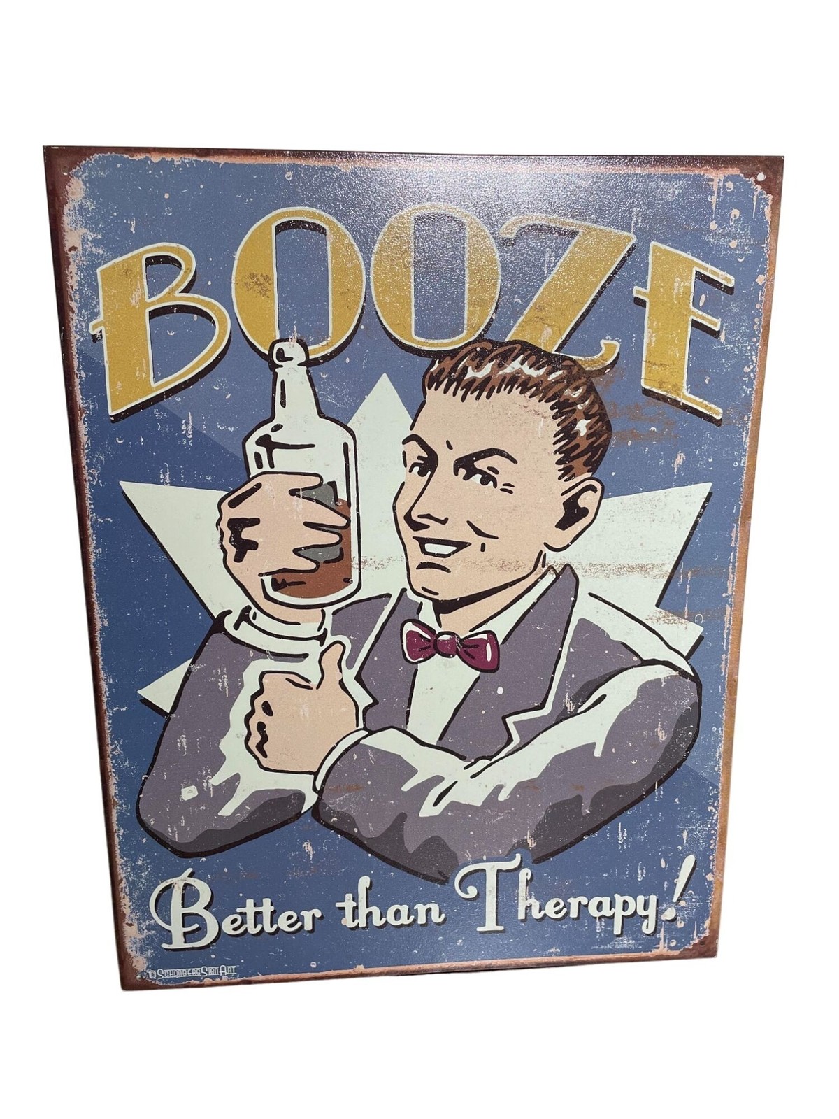 Vintage Look Metal Tin Sign “Booze Better Than Therapy” Retro Wall Art Decor