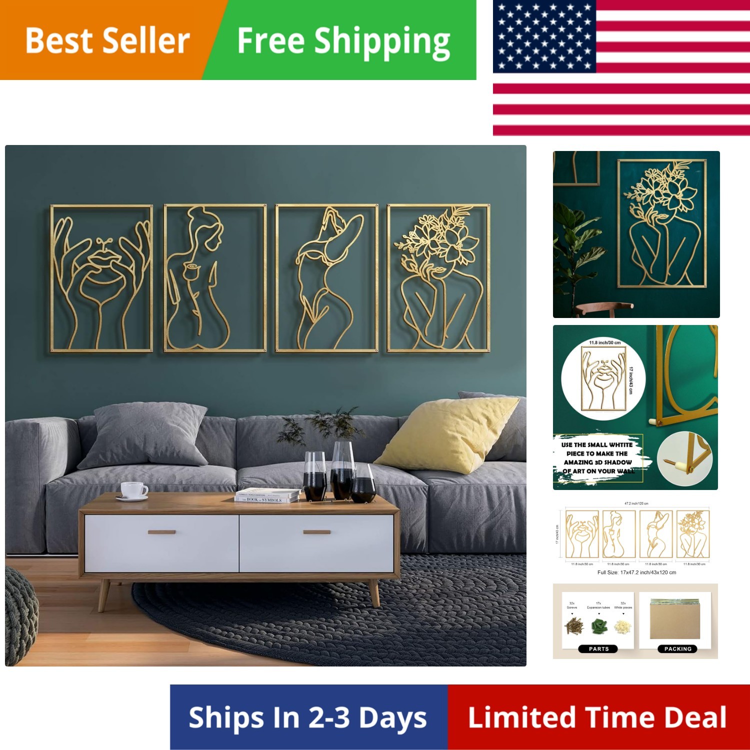 4 Pack Gold Wall Art Decor, Minimalist Single Line Real Metal Wall Art, Woman…