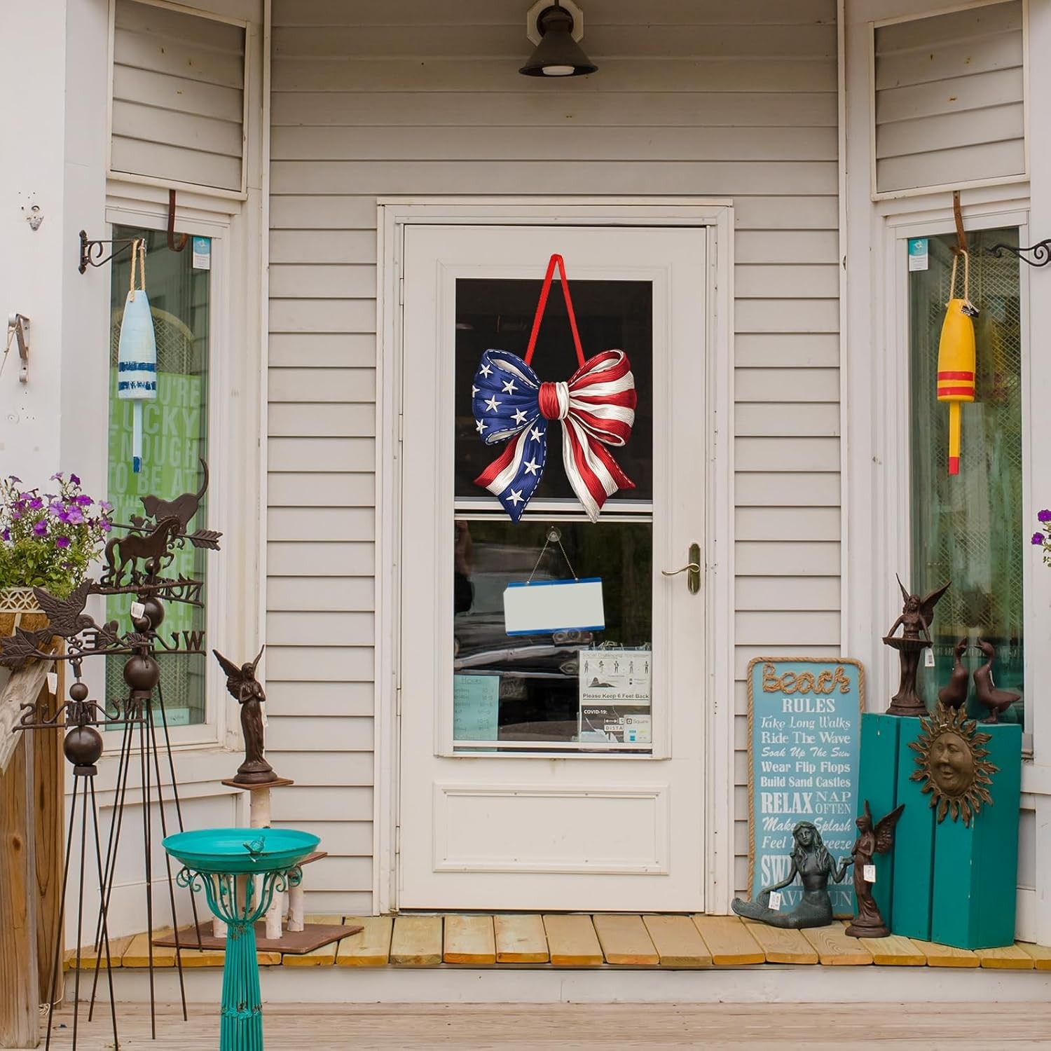 Patriotic USA Flag Bow Wooden Door Hanger Front Porch Sign Outdoor Decor