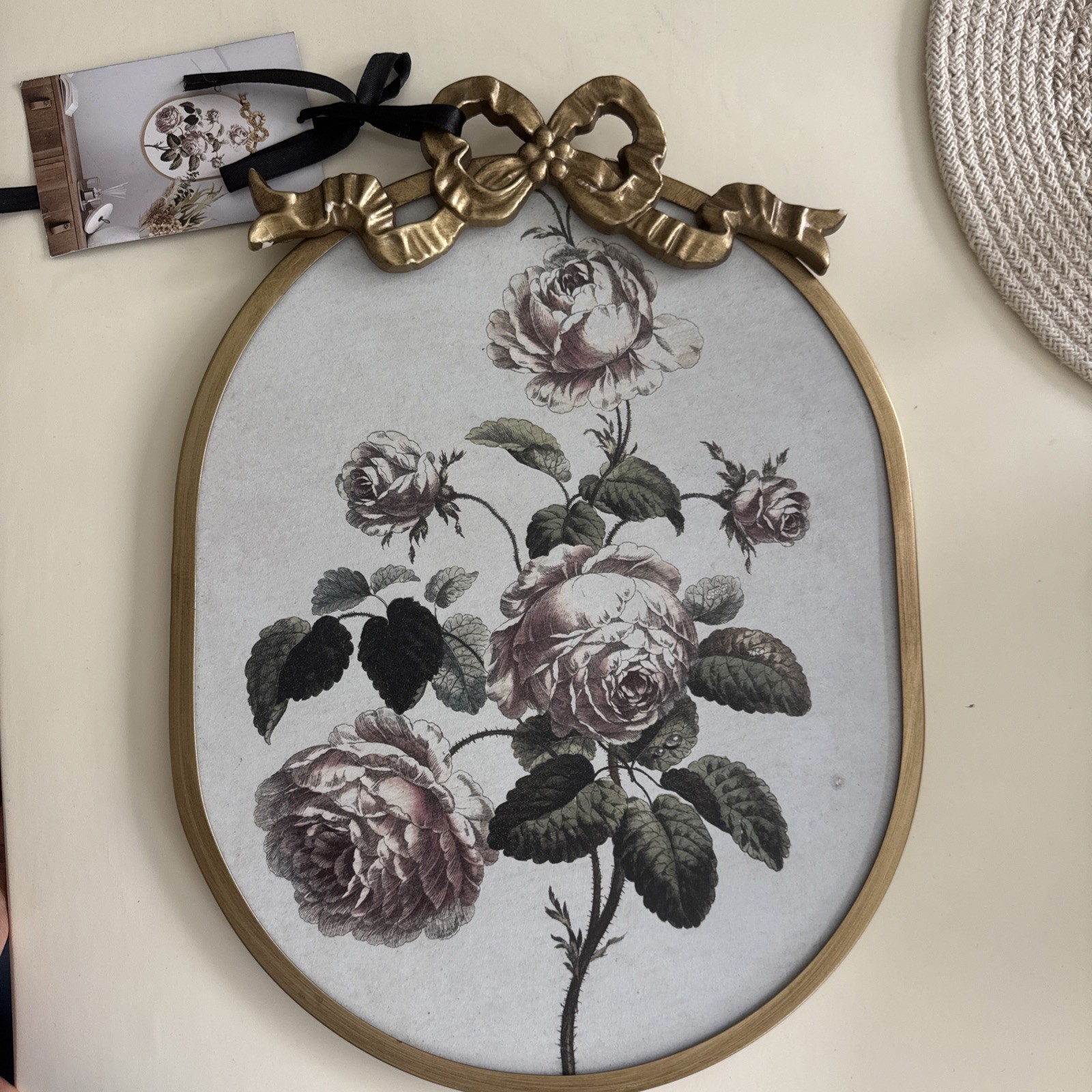 Vintage Gold Oval Framed Floral Wall Decor Roses Bow Shabby Chic French Country
