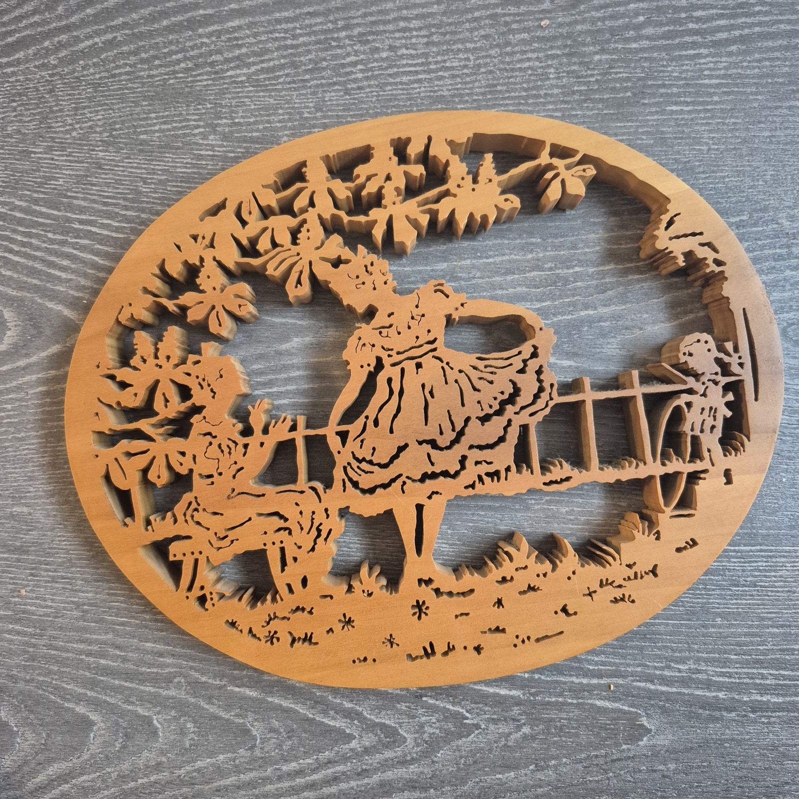 Vintage Wooden Art Deco dancing girl Carved Wood wall art oval 12”×8 Rare Find