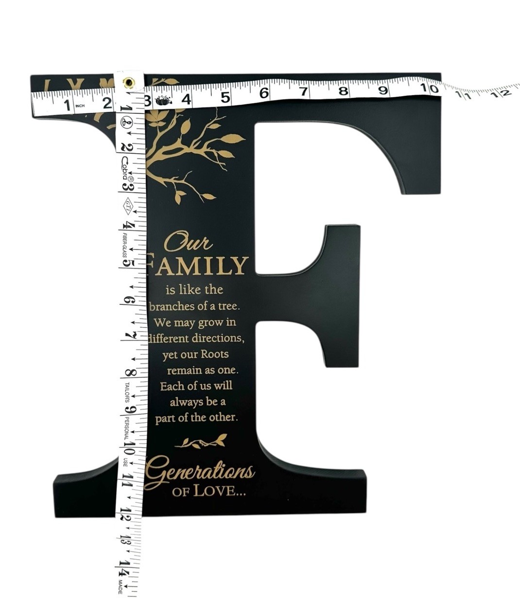 Family Letter F Wood Sign Black Gold Quote Tabletop or Wall Decor USA Made 12”