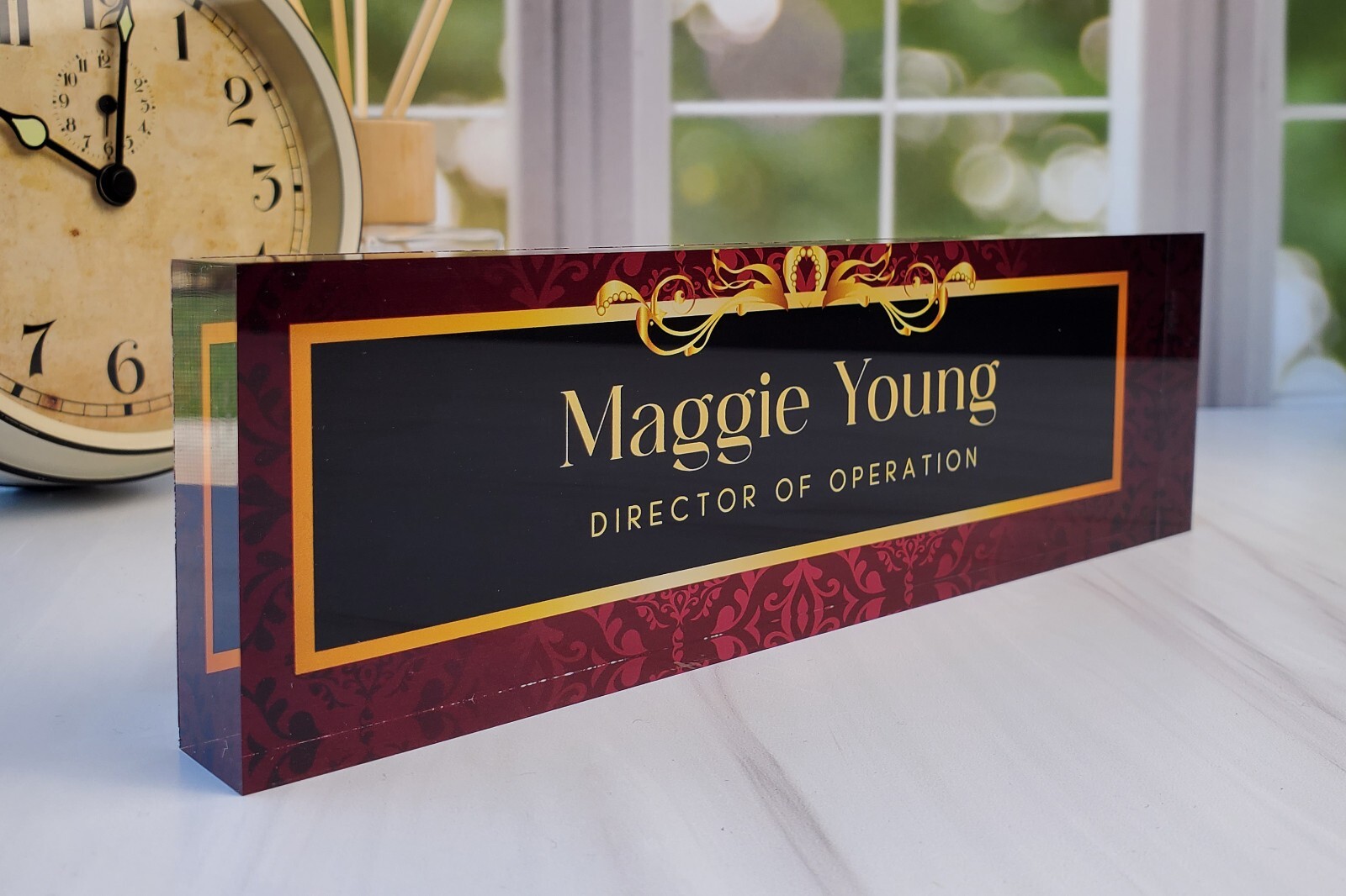 Personalized Clear Acrylic Plaque Name Plate for Desk Executive Damask CAB36DM