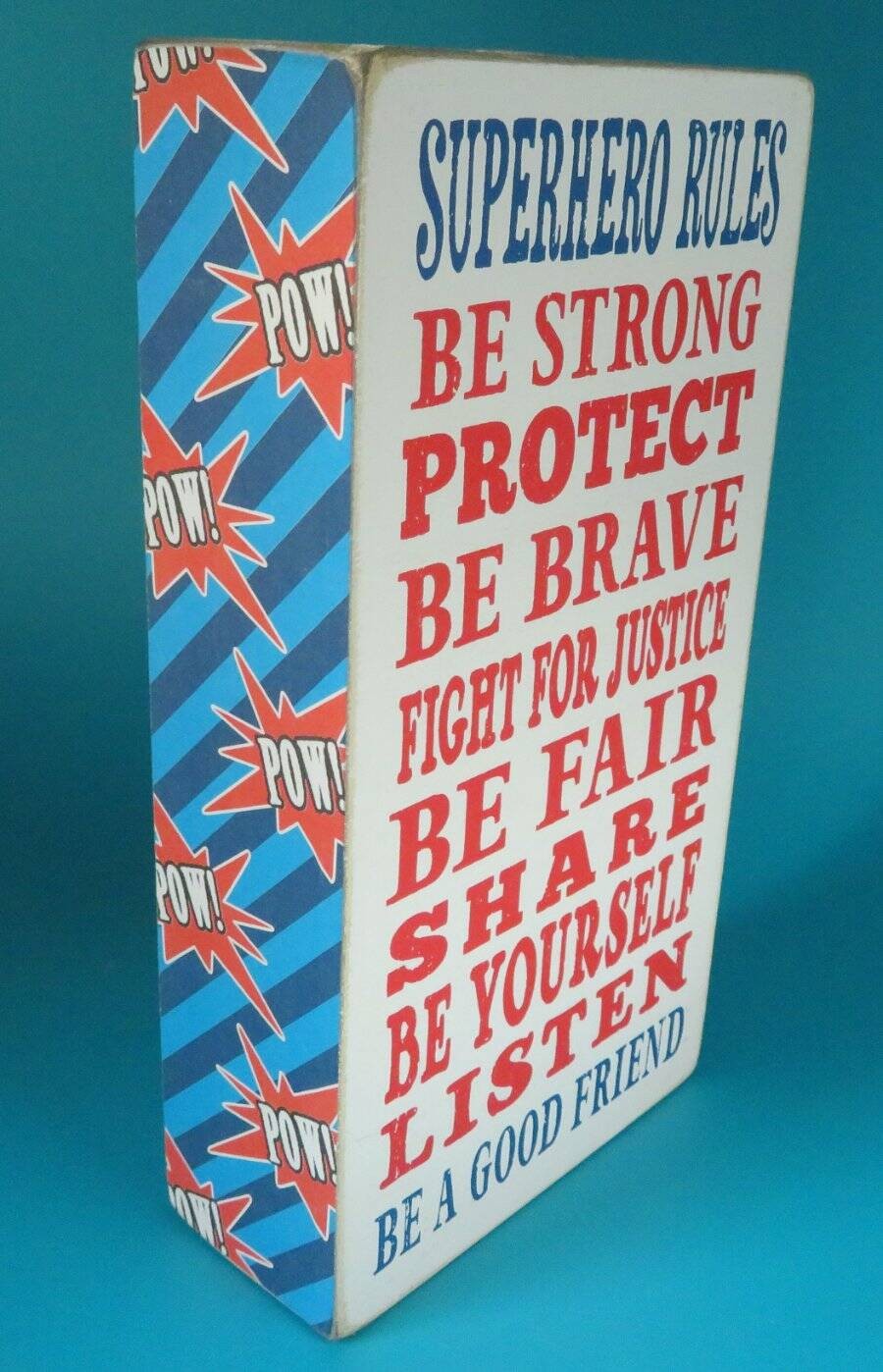 SUPERHERO RULES Desktop Shelf Wall ROOM DECOR Pow Bedroom Friend Hang Kindness