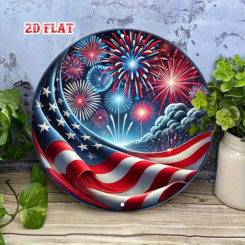 2D Flat Round Aluminum Metal Tin Sign Independence Day American Metal Wall Art♪