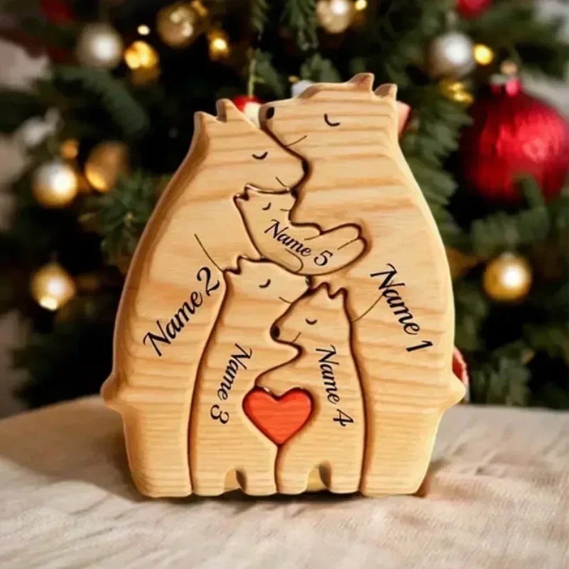 Personalized Wooden Bear Family Puzzle Custom Name Baby Mom Gift Decor