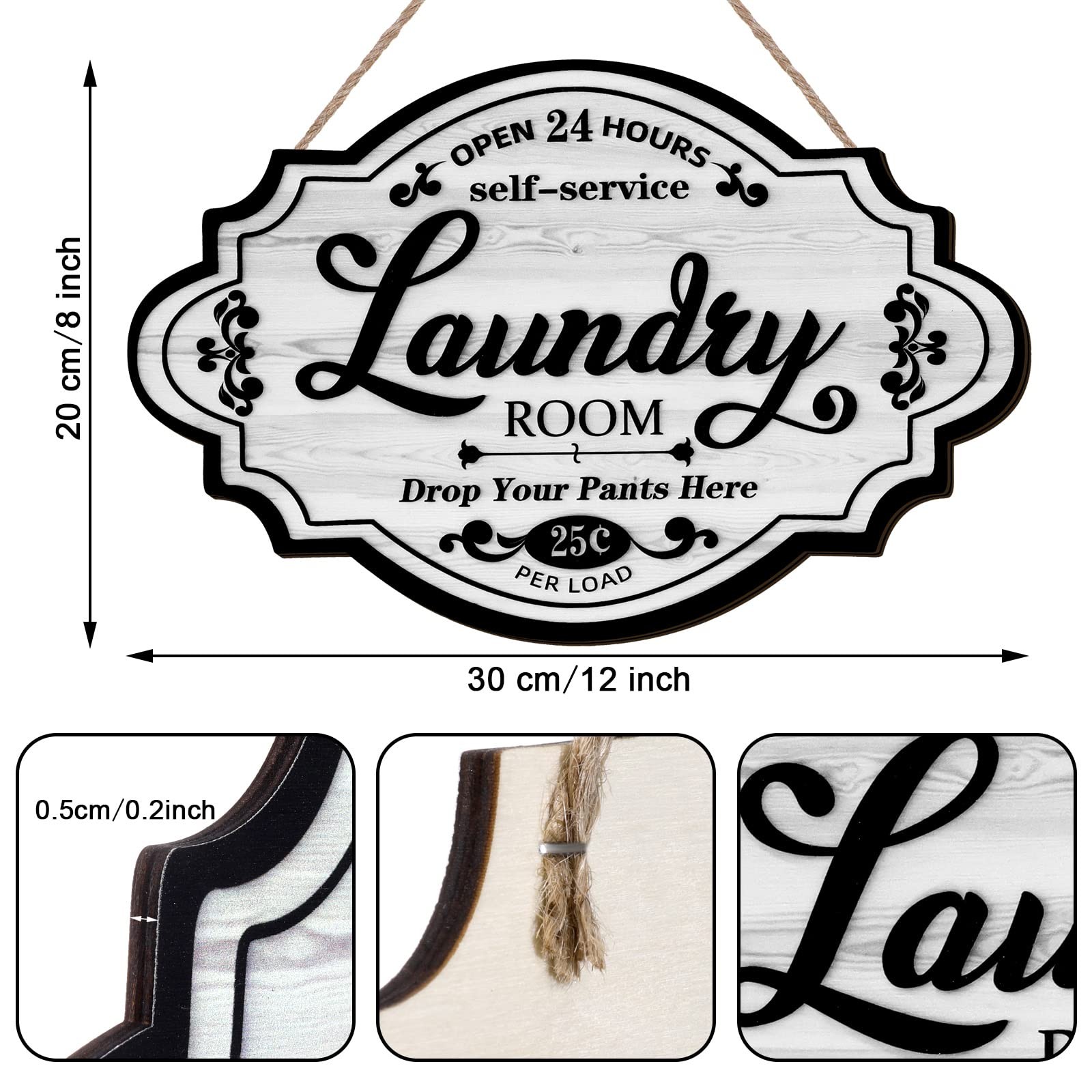 Jetec Laundry Room Decor Sign, Vintage Wooden Wall Art 12 x 8 inches, White
