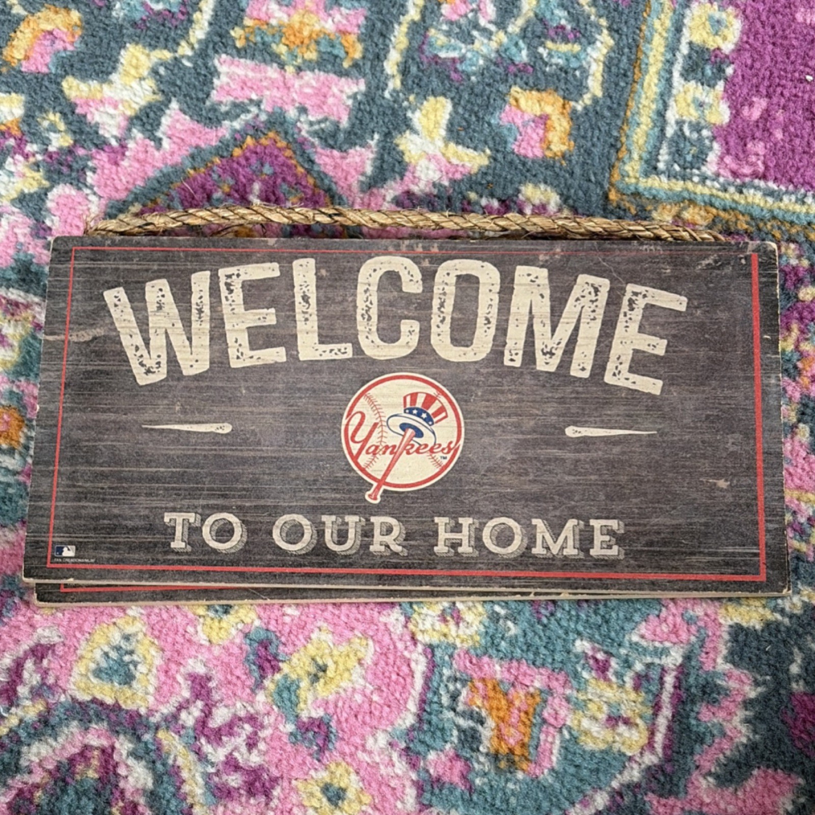 Yankees Wood Welcome to Our Home Sign Brown Baseball Sports Hanging Plaque