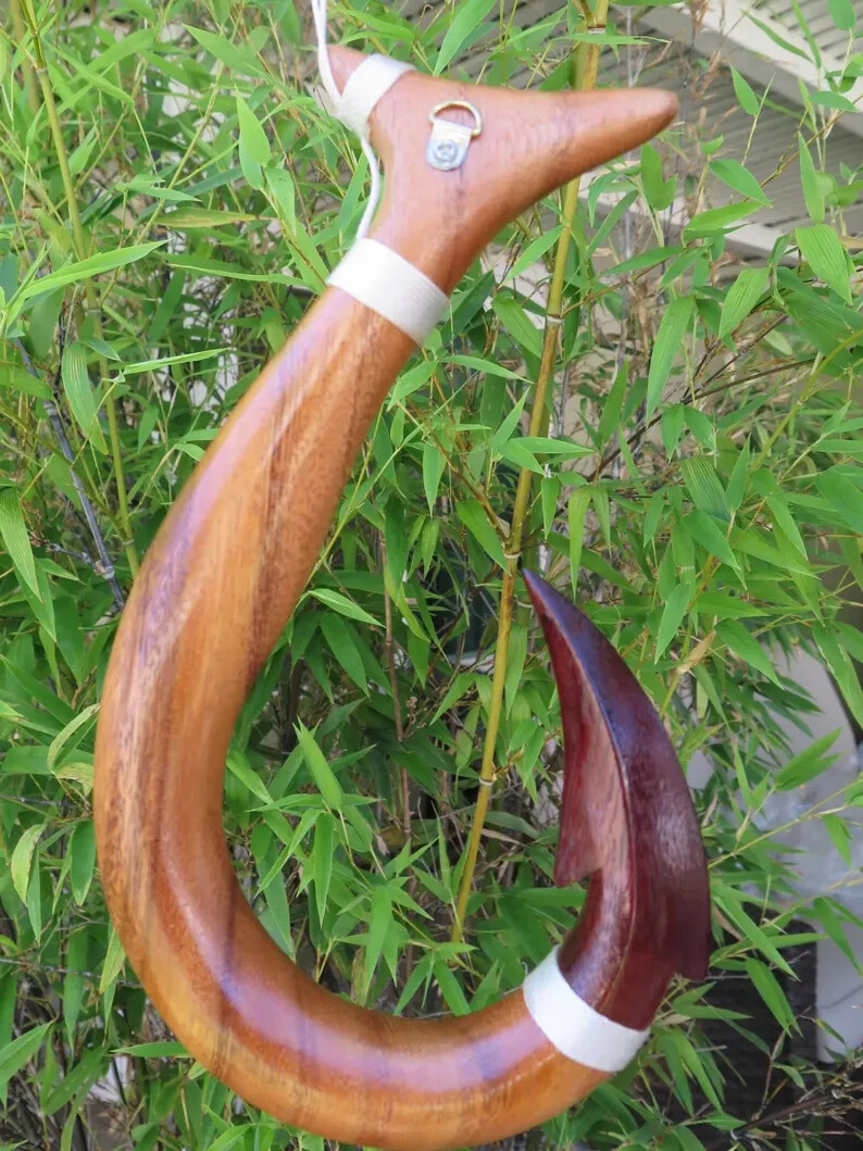 Hawaiian Hand Made Wall Decor Solid Wood Polynesian Tribal Engraved Fish Hook