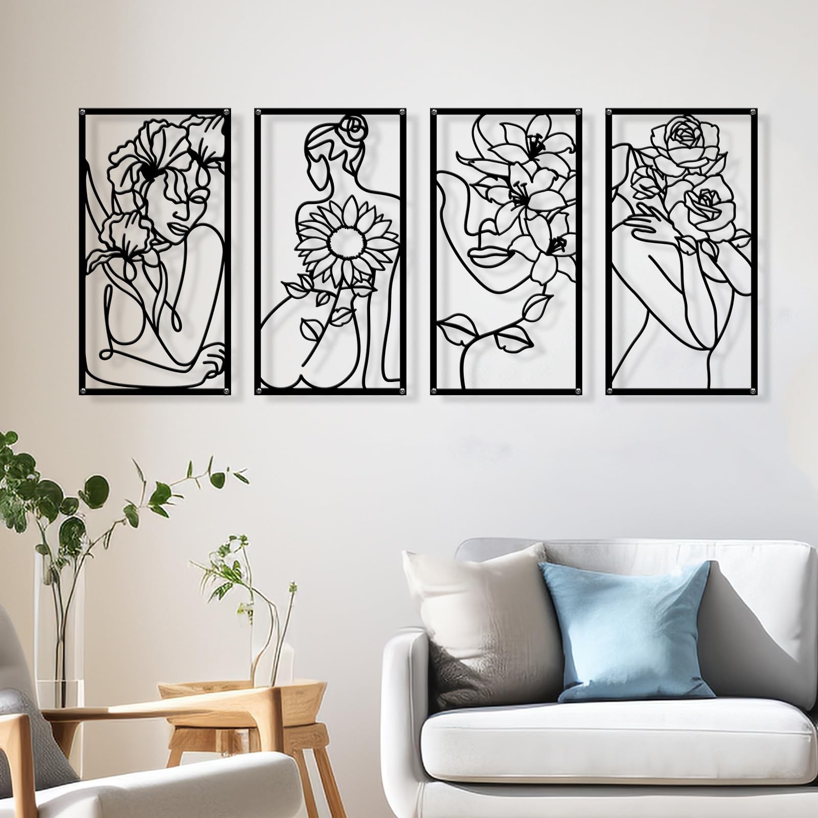 4 PCS Metal Minimalist Abstract Woman Flower Wall Art Single Line Drawing
