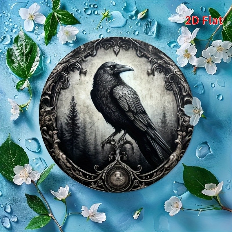 Aluminum Tin Metal Sign Crow Theme Wreath Round Wall Art Decor 8×8