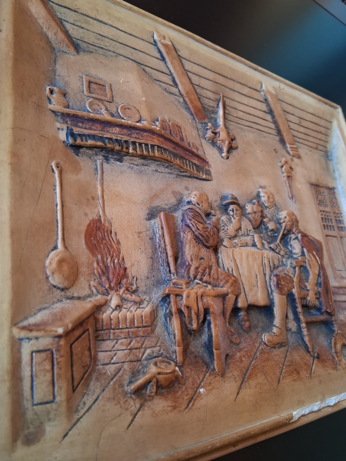 Vintage 3D Plaster Wall Plaque Happy Days Tavern Pub Scene Relief Rustic Bar