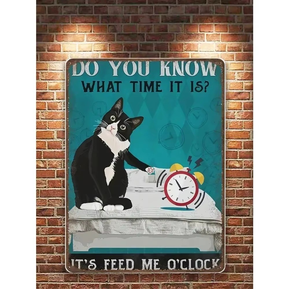 12×8 Inch Funny Cat Quote Feed Me O’clock Vintage Metal Sign Home Wall Art Decor