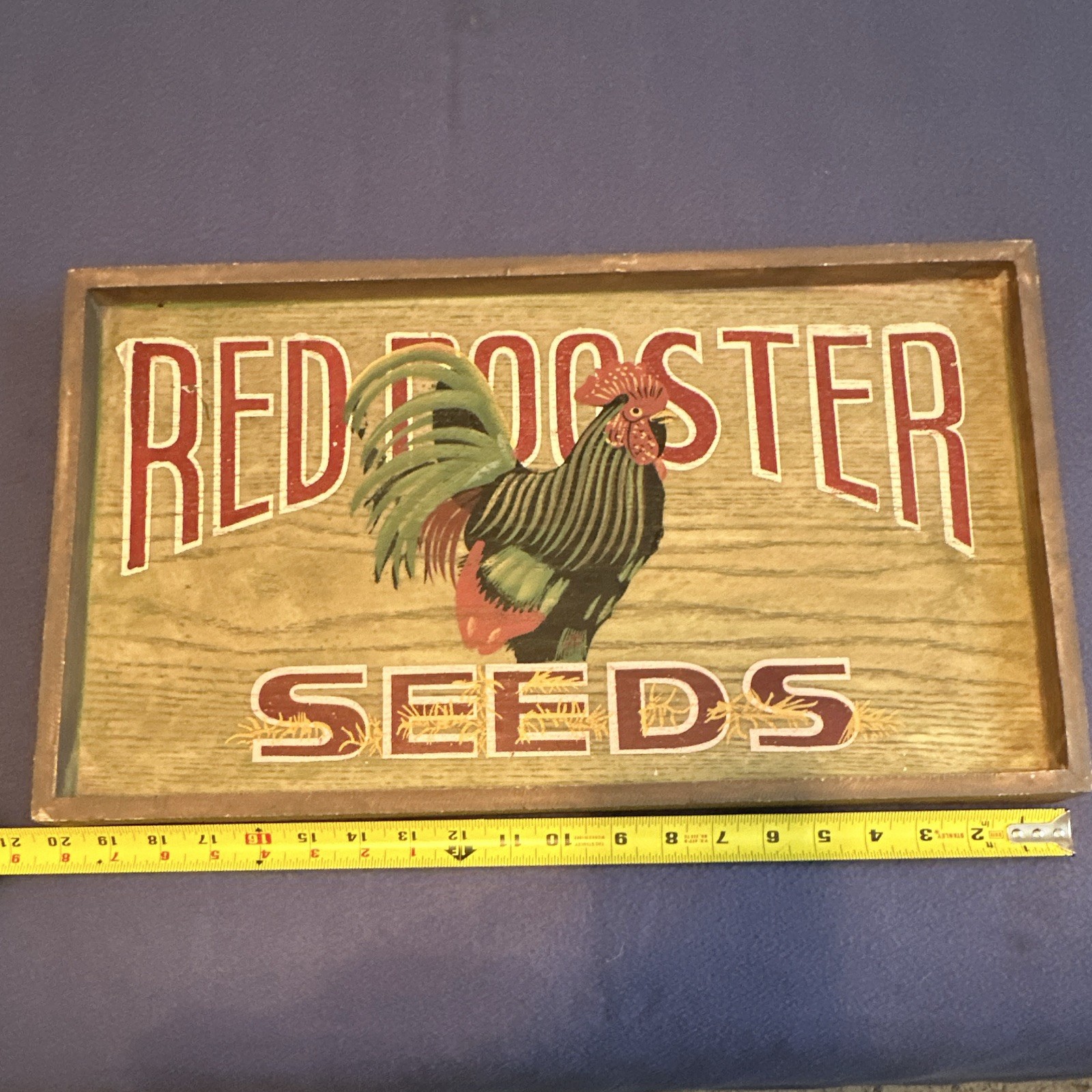 Rustic Painted Wood Wall Sign Plaque Red Rooster Seeds Rooster 21 x 10″