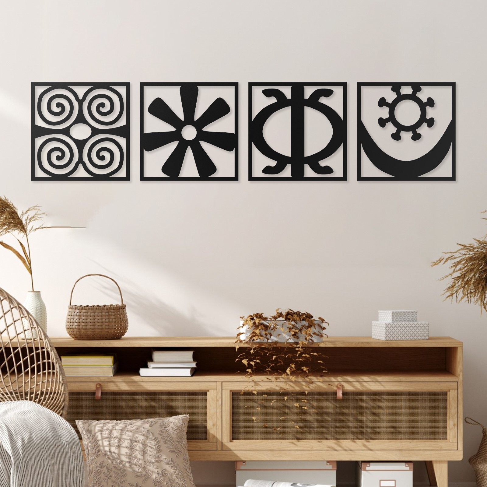 Adinkra Symbols Wood Wall Decor Set, African Wood Art, Ghanaian Tribal Panel