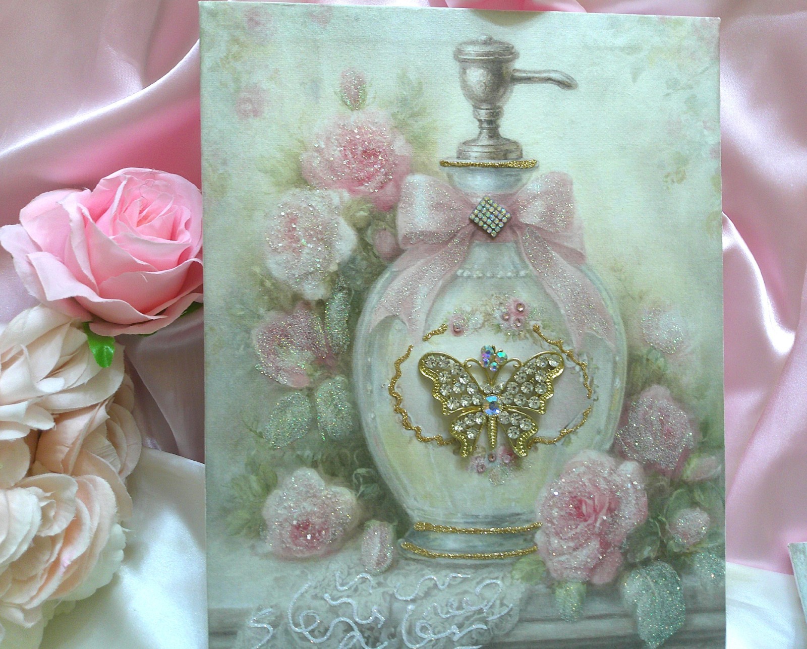Shabby Chic Victorian~3D Canvas Board w/Dispenser Bottle Graphic w/Butterfly Pin
