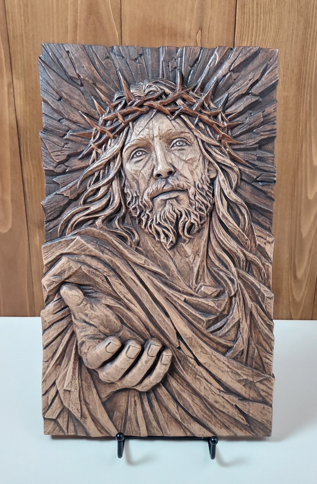 Jesus Christ Wood Carving, Crown of Thorns Maple Relief Handmade, Christian