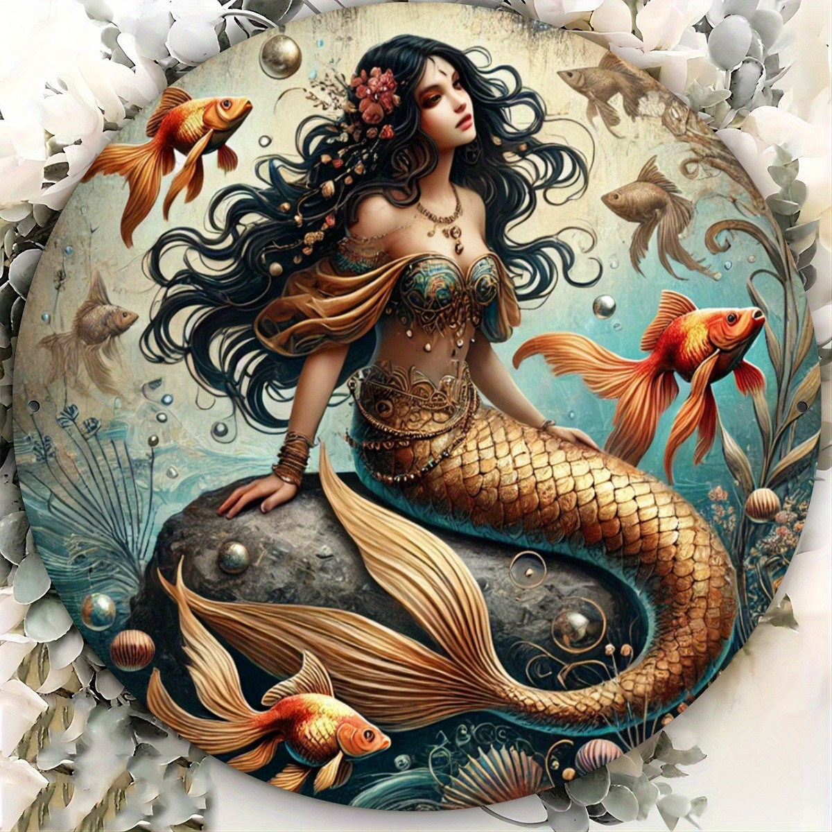 2D Flat, 1pc Vintage Ocean Mermaid Tin Metal Signs Wall Art – Circular Iron Sign