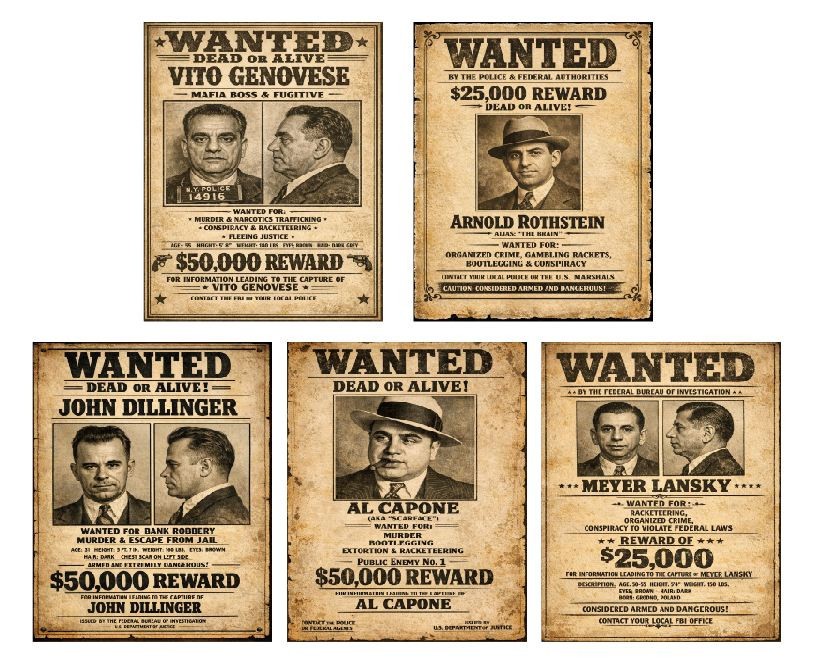 5 Pack Vintage Metal Tin Signs Retro Wall Decor Gangsters MSET04