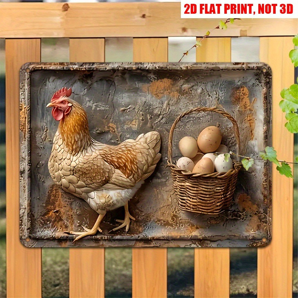 Vintage Farmhouse Chicken Metal Signs Hen & Egg Basket Rustic Wall Decor Country
