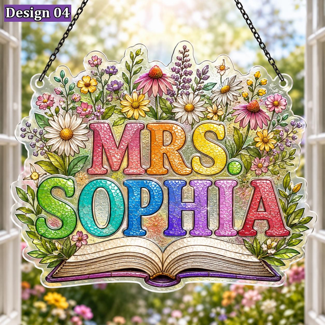 Personalized Floral Book Teacher Acrylic Suncatcher, Teacher Gift