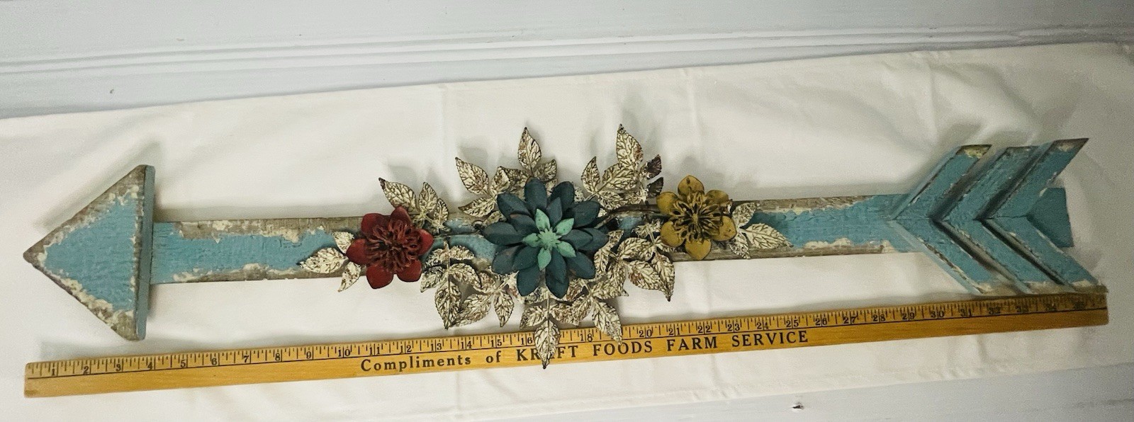 Hobby Lobby Flower Embellished Wooden Arrow Wall Decor Turquoise Distressed 36″