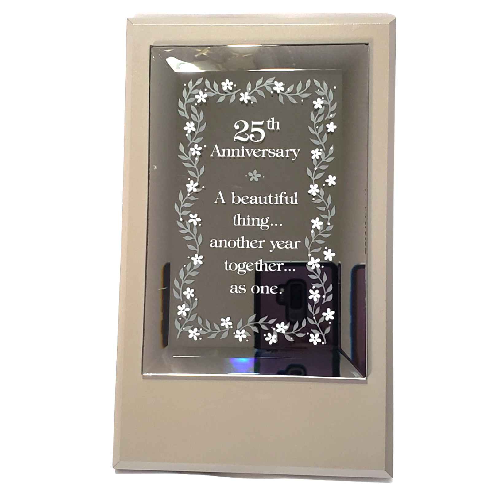 25th Wedding Anniversary Plaque Mirror 9×5 Silver Grey Flowers Gift Wood