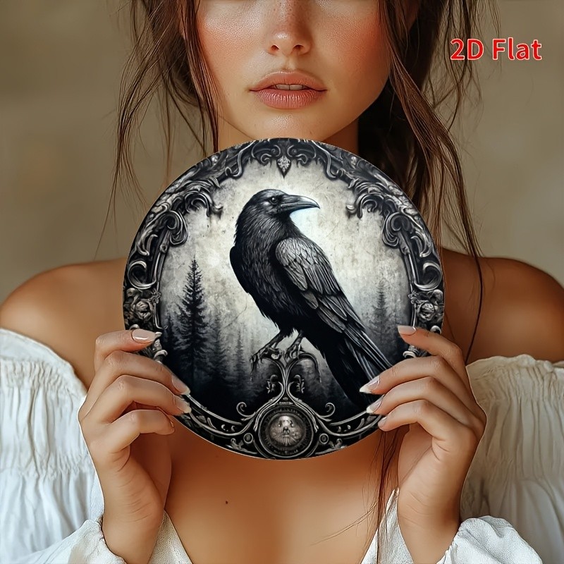 Aluminum Tin Metal Sign Crow Theme Wreath Round Wall Art Decor 8×8