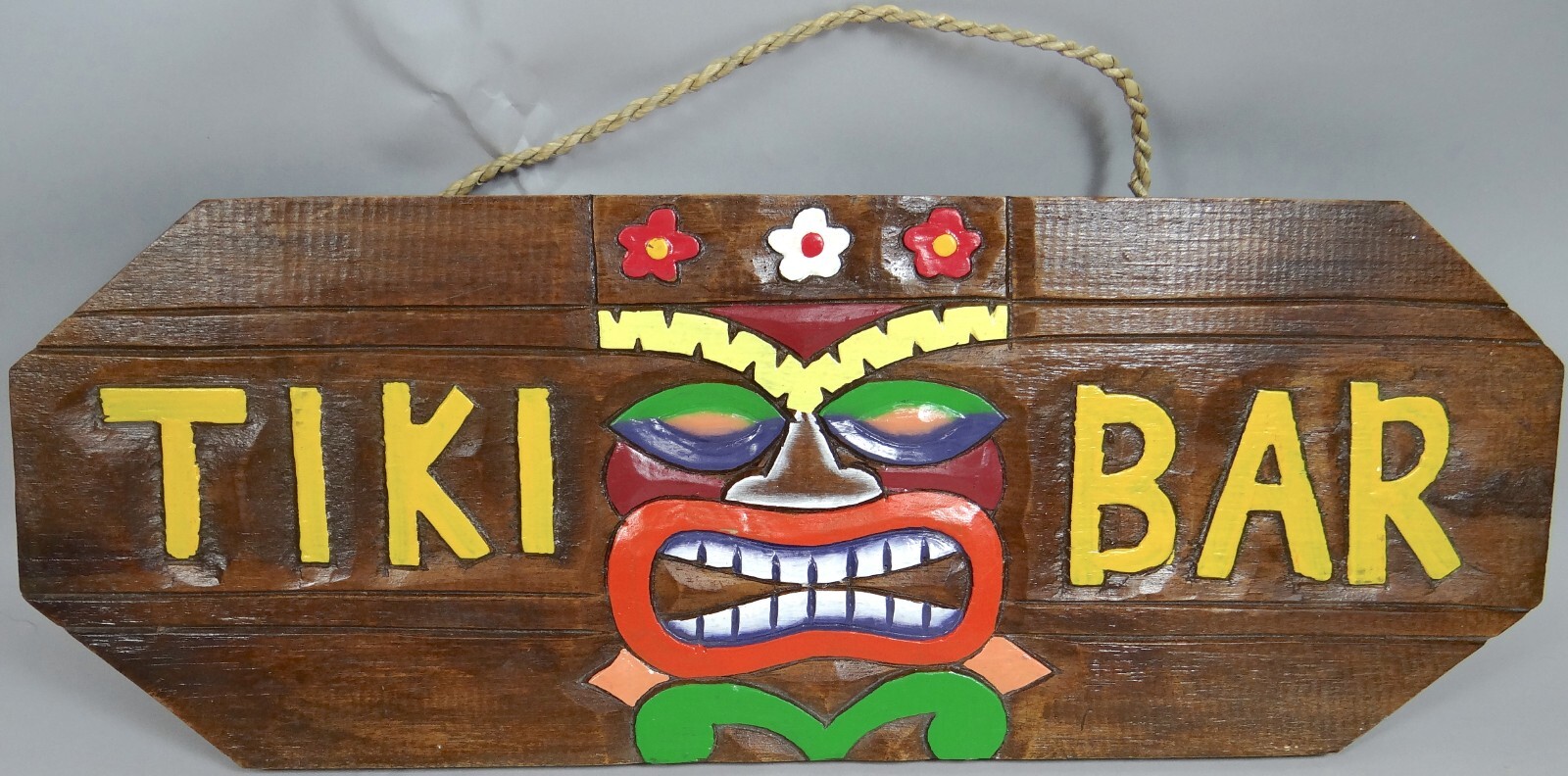 Tiki Bar Sign Wall Plaque Hand Carved Painted Wood Twisty Rope Lightweight 20×7
