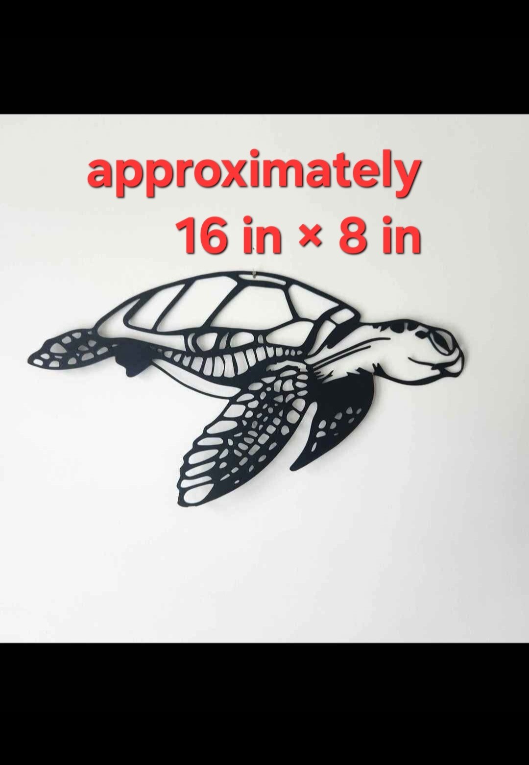 Black Metal Sea Turtle design for wall decoration. 16 in wide × 9 in tall